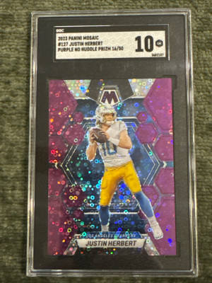 2023 Mosaic Justin Herbert Purple No Huddle 16/50 SGC 10 front