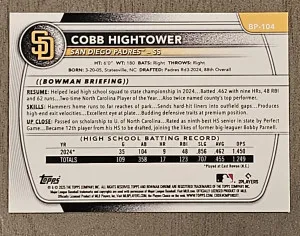 2025 Bowman #BP-104 Cobb Hightower Sky Blue /499 San Diego Padres back