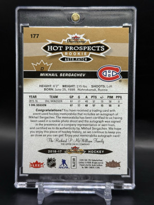 2016 Fleer Showcase Mikhail Sergachev Hot Prospects Rookie Patch Auto /135 RPA back
