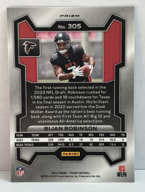 Bijan Robinson Rookie Card 2023 Panini Prizm  #305 Silver Prizm back