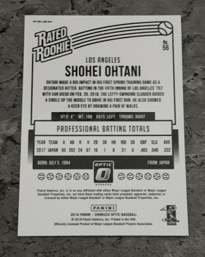 2018 Shohei Ohtani Panini Donruss Optic Pink Parallel (Batting) - Card #56 🔥 back