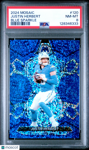 2024 Panini Mosaic Justin Herbert #120 Blue Sparkle /96 PSA 8 front