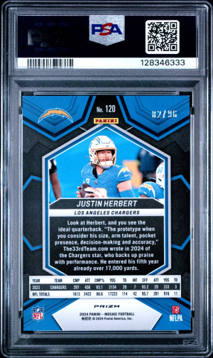 2024 Panini Mosaic Justin Herbert #120 Blue Sparkle /96 PSA 8 back