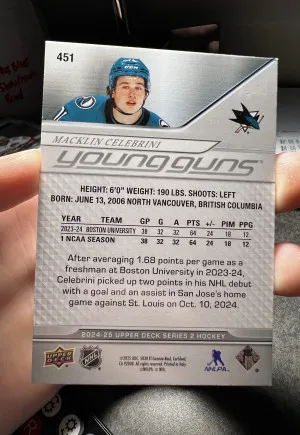 Macklin Celebrini 2024-25 UD Series 2 Young Guns Exclusives /100 back
