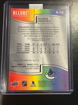 2021-22 UD Allure Rainbow Auto Quinn Hughes back