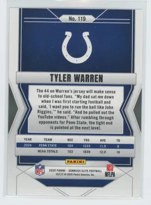 2025 Panini Donruss Elite Football Tyler Warren #119 Status Sparkle RC 162/499 back