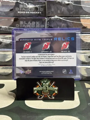 Diamond Mine Trios Jack Hughes - Jesper Bratt - Timo Meier Game Used back
