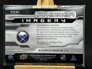 Rasmus Dahlin 2022-23 UD Premier Imagery Patch 3-Color Game Used 08/25 #PDJ-RD back
