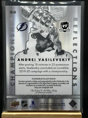 Andrei Vasilevskiy 2022-23 UD Cup Championship Reflections Auto On Card #CR-AV back