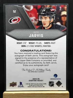 Seth Jarvis 2024-25 Upper Deck Overtime Hockey Auto #52 back