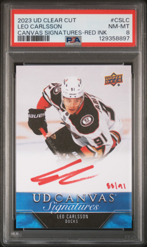 2023 Upper Deck Clear Cut Canvas Signatures Leo Carlsson Red Ink /91 front
