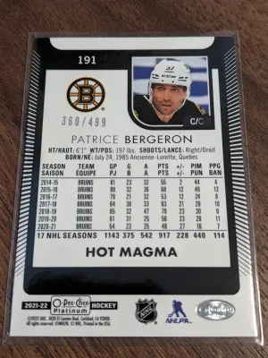 Patrice Bergeron Hot Magma /499 O-pee-chee Platinum OPC Bruins back