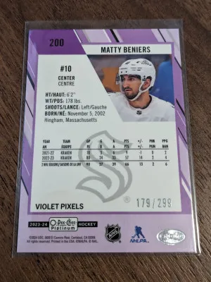 Matty Beniers Violet Pixels /299 OPC Platinum O-pee-chee back