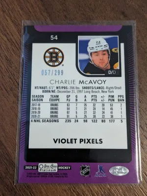 Charlie McAvoy Violet Pixels /299 OPC Platinum O-pee-chee back