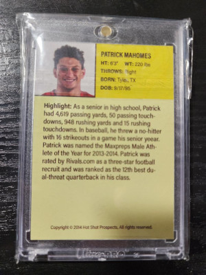 2014 HOT SHOT PROSPECTS PATRICK MAHOMES RC back