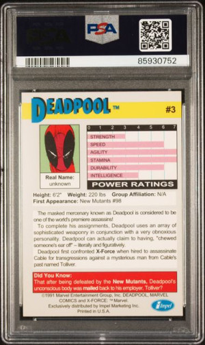 1991 Impel X-Force Promo Card 3 Deadpool PSA 9 back