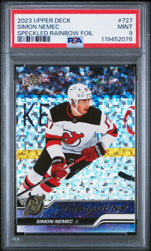 2023-24 Upper Deck Extended Series Speckled Rainbow Foil YG #727 Simon Nemec PSA 9 front