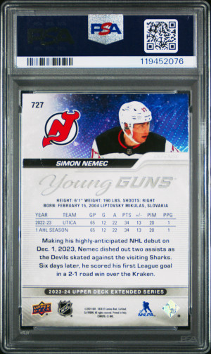 2023-24 Upper Deck Extended Series Speckled Rainbow Foil YG #727 Simon Nemec PSA 9 back