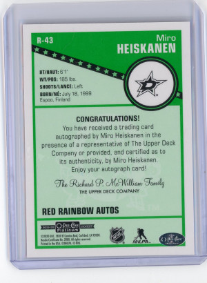 2019-20 O-Pee-Chee Platinum Miro Heiskanen Retro Rainbow Red Autograph back