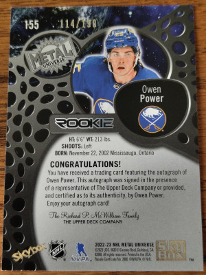 22-23 UD Metal Universe Owen Power Base Rookie Auto back