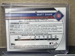 2025 Bowman Chrome Matt Shaw Pink  Mega Parallel  /199 RC #46 Cubs back