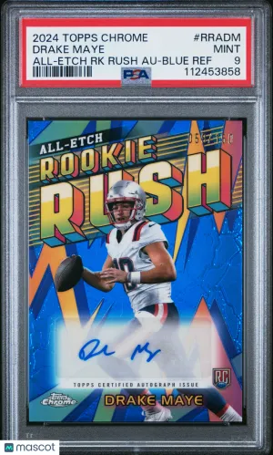 Drake Maye 2024 Topps Chrome #RRADM Chrome All-Etch Blue /150 RC Auto PSA9 MINT front