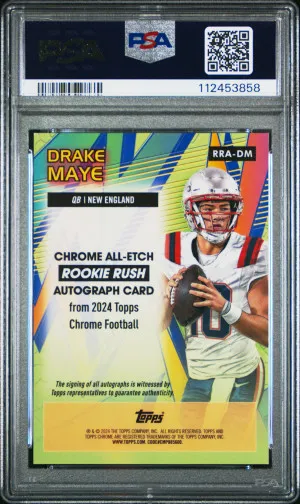 Drake Maye 2024 Topps Chrome #RRADM Chrome All-Etch Blue /150 RC Auto PSA9 MINT back