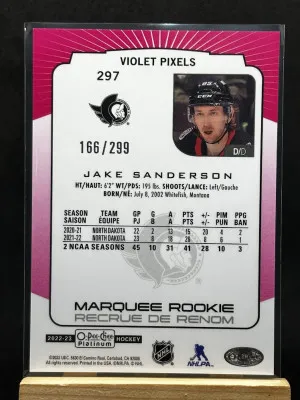 Jake Sanderson 2022-23 O-Pee-Chee Platinum Rookie Violet Pixels 166/299 #297 back