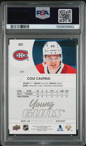 2021-2022 Upper Deck Series One YG #201 Cole Caufield PSA 9 back
