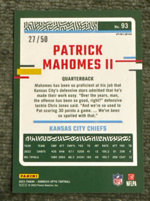 2023 Optic Patrick Mahomes Purple /50 back