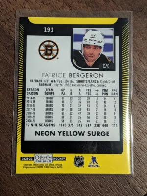 2021-22 O-Pee-Chee Platinum Neon Yellow Surge Patrice Bergeron #191 back