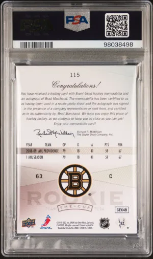2009-10 Upper Deck The Cup Brad Marchand #115 Patch Auto RPA Rookie /249 PSA 8 back