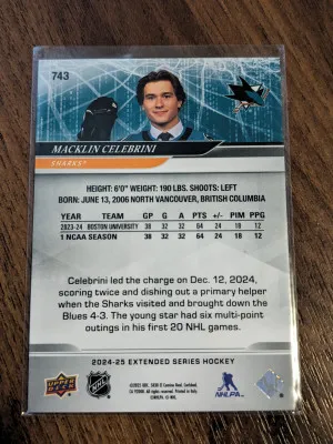 Macklin Celebrini 24-25 UD 1st Round Draft Pick Rookie #743 San Jose Sharks🦈 back