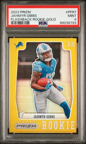 2023 Panini Prizm Prizm Flashback Rookie Jahmyr Gibbs Flashback Rookie-Gold Prizm front