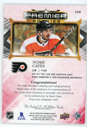 2022-23 UD Premier #119 Noah Cates Autograph Rookie Card back