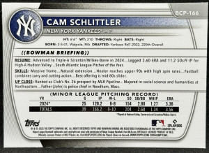Cam Schlittler 2025 Bowman Chrome 1st #BCP-166 Laser Refractor - Yankees back