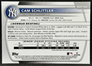 Cam Schlittler 2025 Bowman Chrome 1st #BCP-166 Mojo Refractor - Yankees back