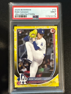 2025 Bowman Roki Sasaki Yellow Pattern /75 PSA 9 front