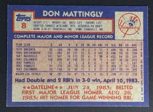 1984 TOPPS DON MATTINGLY ROOKIE CARD #8 NEW YORK YANKEES back