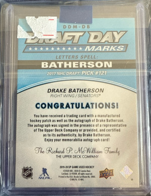 Drake Batherson Draft Day Auto /35 back