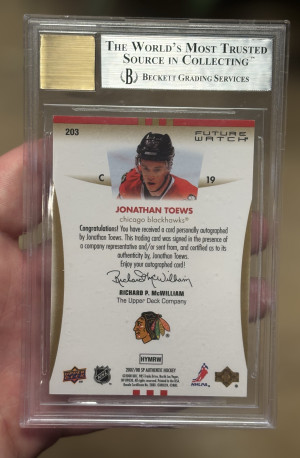 2007-08 Upper Deck Sp Authentic Future Watch Auto 926/999 #203 Jonathan Toews BGS 9 back