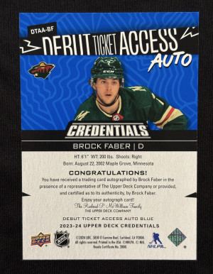 2023-24 Upper Deck Credentials Debut Ticket Access Auto Rookie Blue 29/35 #DTAABF Brock Faber back
