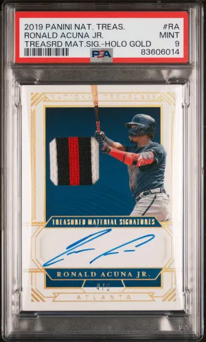 2019 Panini National Treasures /5 Treasured Material Signatures Ronald Acuna Jr. Holo Gold front
