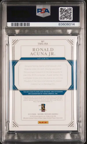 2019 Panini National Treasures /5 Treasured Material Signatures Ronald Acuna Jr. Holo Gold back