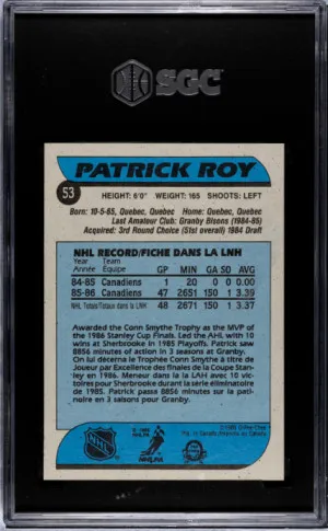 1986-87 O-Pee-Chee Patrick Roy SGC Authentic back