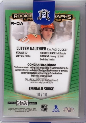 2024-25 O-Pee-Chee Platinum Cutter Gauthier Rookie Auto Emerald Surge /10 back