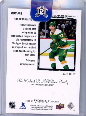 2022-23 Upper Deck Exquisite Matt Boldy Autograph Rookie /49 back