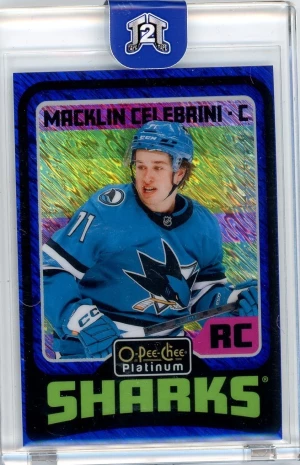 2024-25 O-Pee-Chee Platinum Macklin Celebrini Blue Luster RC /100 Retro Rookie front