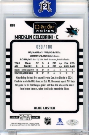 2024-25 O-Pee-Chee Platinum Macklin Celebrini Blue Luster RC /100 Retro Rookie back