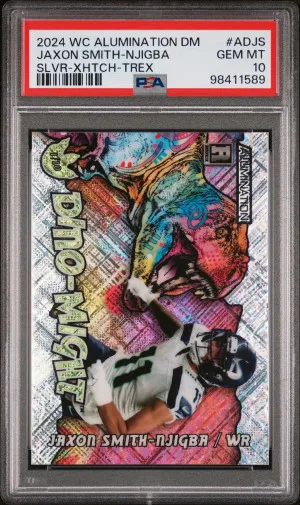 2023 Wild Card Alumination Dino-Might Exclusive Jaxon Smith-Njigba Slvr-Xhtch-Trex PSA 10 front